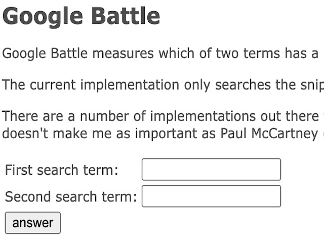 Google Battle form: two search-term inputs and an answer button